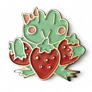 Cute Frog and Strawberry Enamel Pin with Pink Bow - Gold Tone NWOT